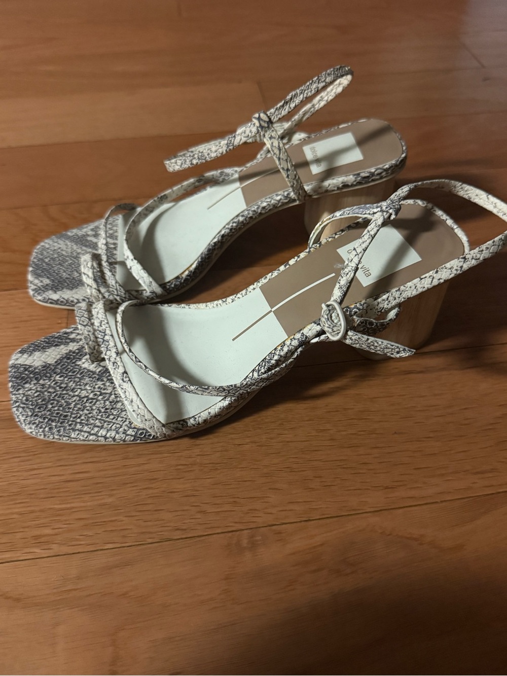 Dolce Vita Cream and Gray Snake-Print Block Heel Sandals